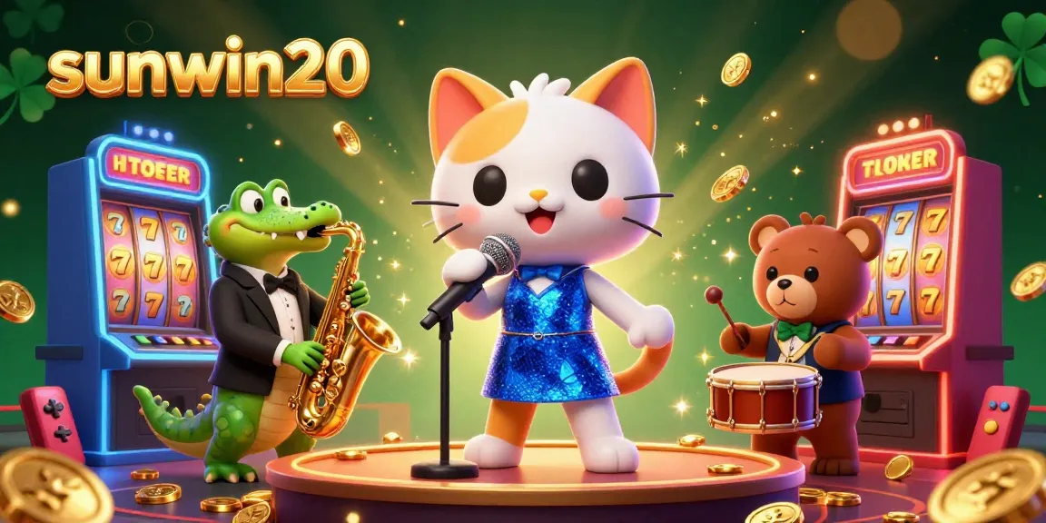 Play exciting games with sunwin20 in a vibrant 3D casino scene featuring a jazz-singer cat and friends.