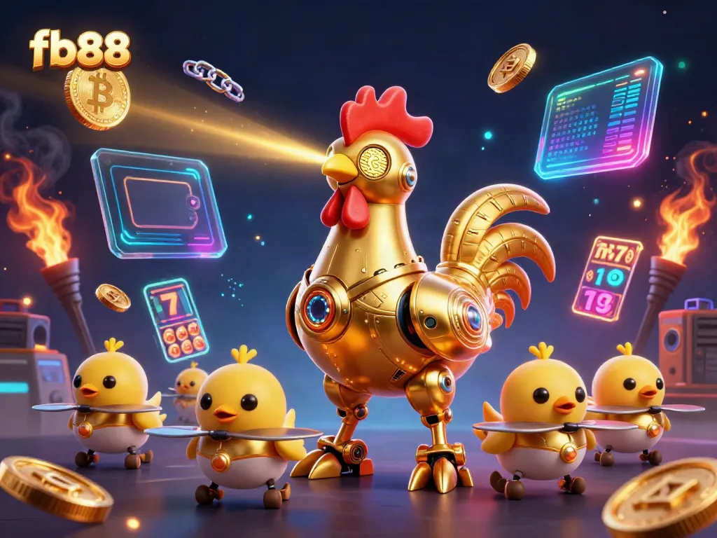 Experience the thrill of fb88 with a dynamic and colorful casino-themed 3D illustration of a golden rooster robot and drones.