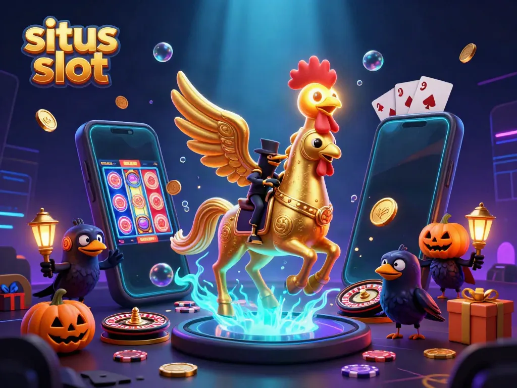 Experience the excitement of situs slot with a golden rooster and casino-themed elements in a vibrant illustration.