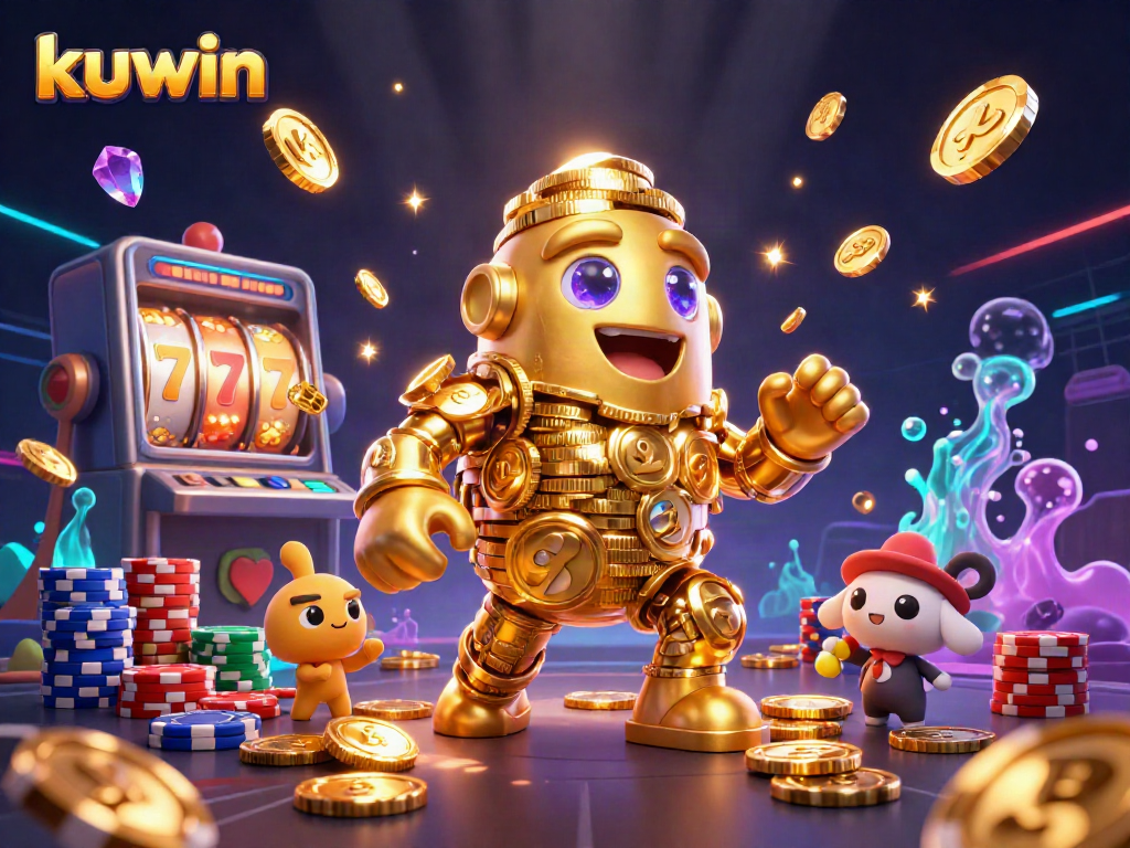 Kuwin offers thrilling online slots with dynamic gold coins swirling around a dazzling golem illustration.