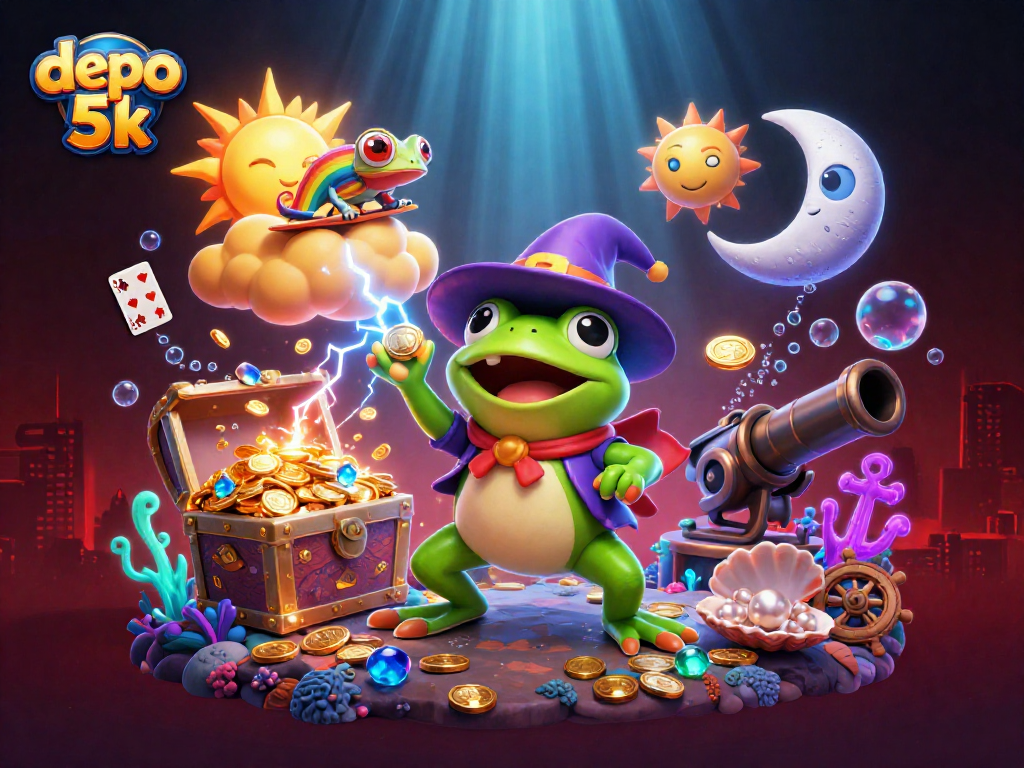 Experience the magic of depo 5k with the weather wizard frog and rainbow chameleon amidst a treasure storm.