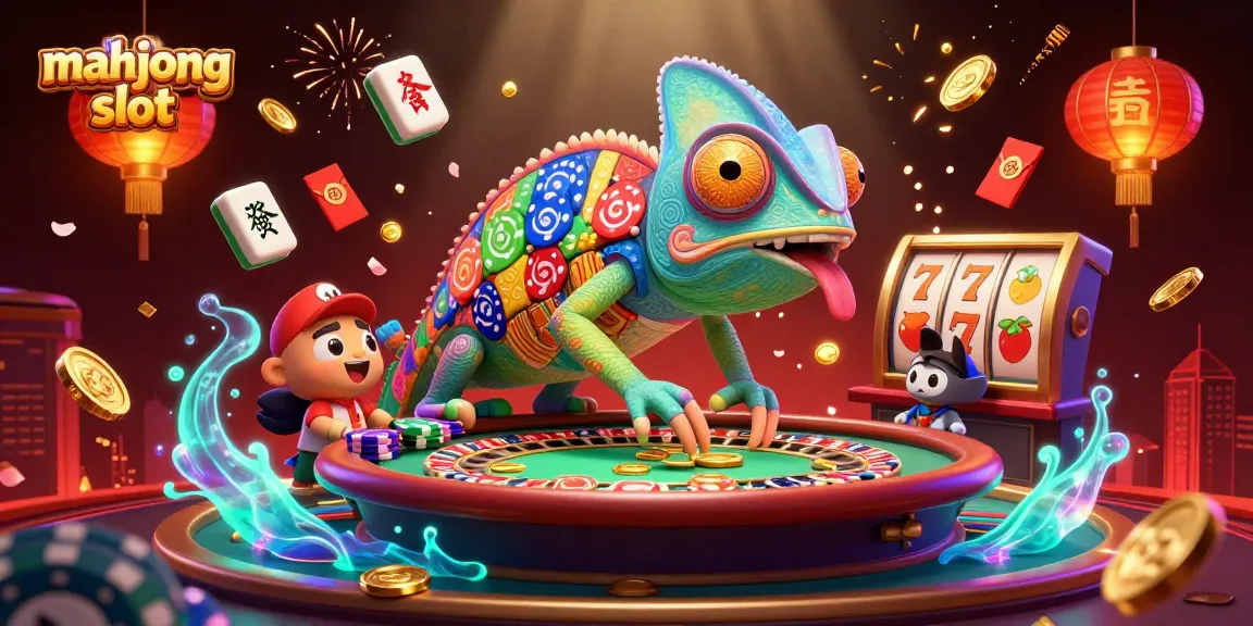 Engage with the mahjong slot excitement through a vibrant 3D casino scene featuring dynamic characters and rich details.