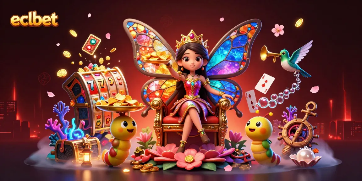 Play slot games with eclbet in this vibrant 3D casino illustration filled with colorful elements.