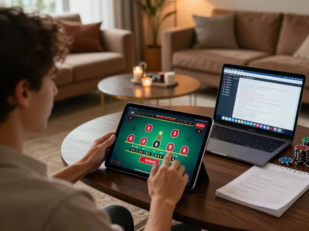 Playing blackjack on https://f168.osaka/ with tablet in cozy living room, showcasing strategic gaming.