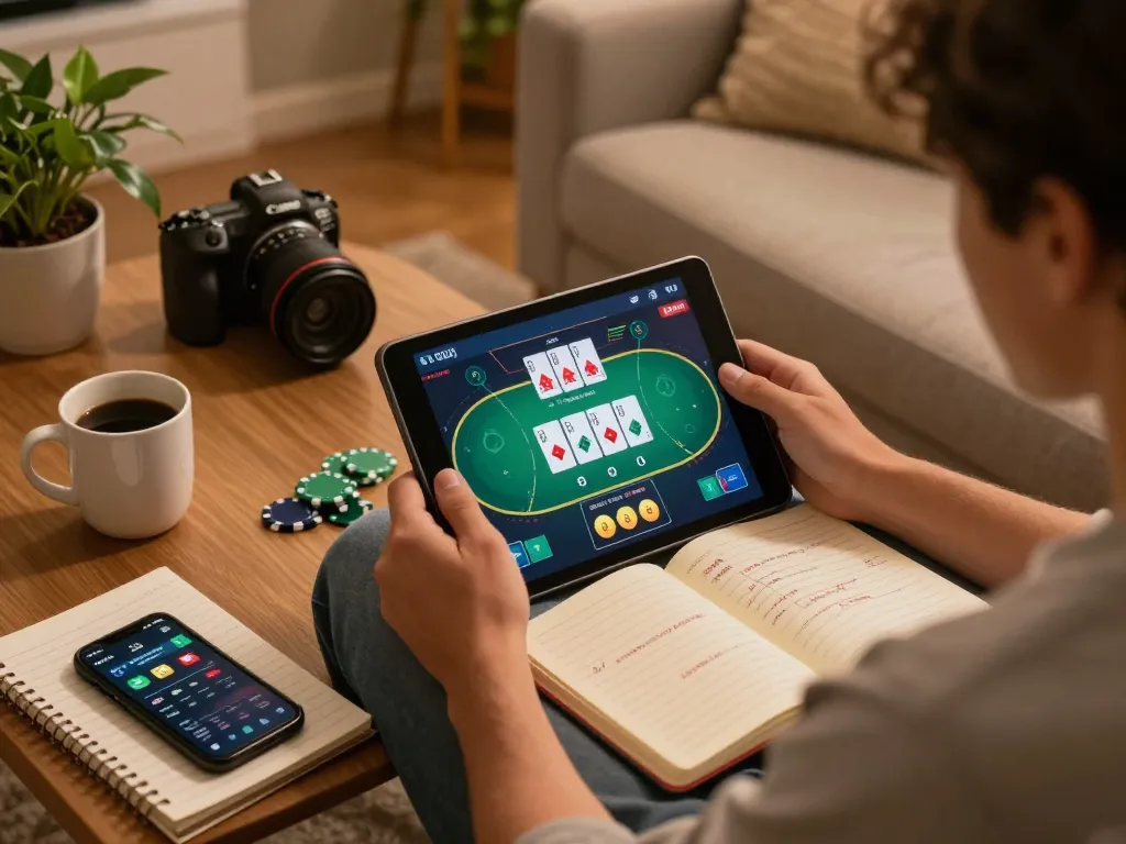 Gambling enthusiast using a tablet for TR88 poker game strategies in a cozy home setting.