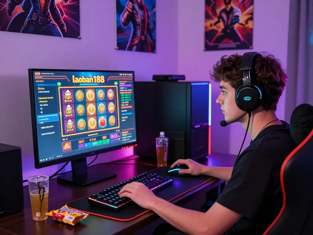 Pandangan menarik seorang gamer yang tenggelam dalam slot gacor laoban188 dengan antarmuka permainan yang hidup dan pengaturan permainan modern.