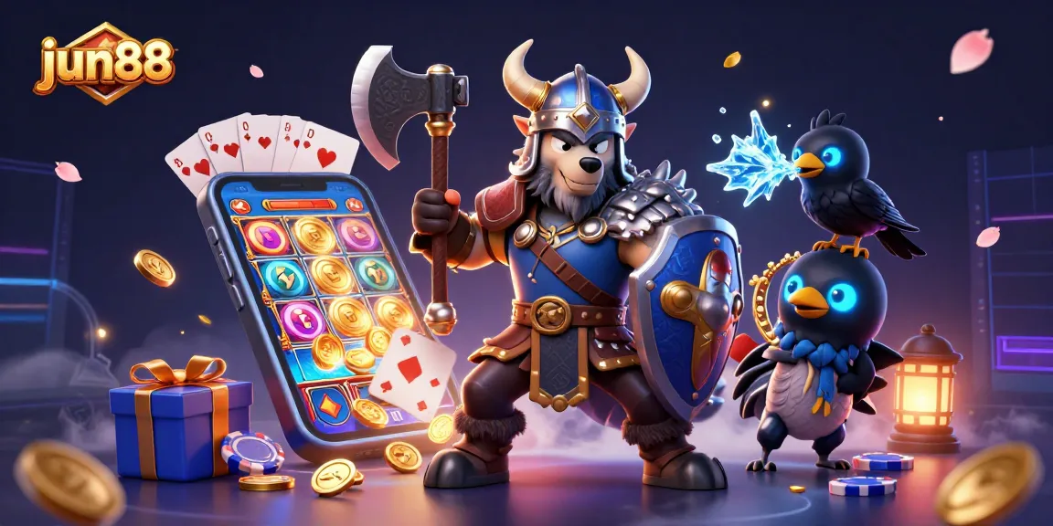 Engage in thrilling gameplay at jun88 with 3D Viking wolf warrior, dragon, and slot elements.