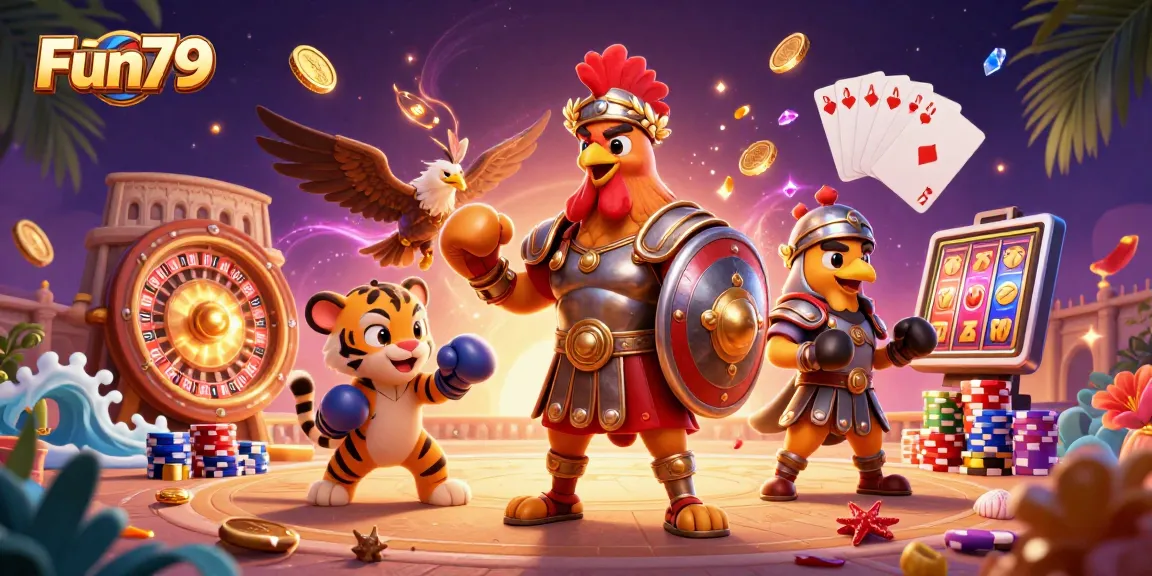 Experience Fun79's thrilling gaming environment with dynamic characters and vibrant casino elements.