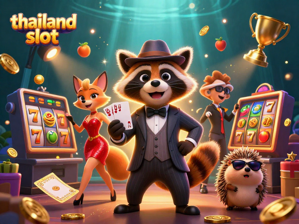 Experience winning with thailand slot in a vibrant casino scene filled with animated slot reels and characters.