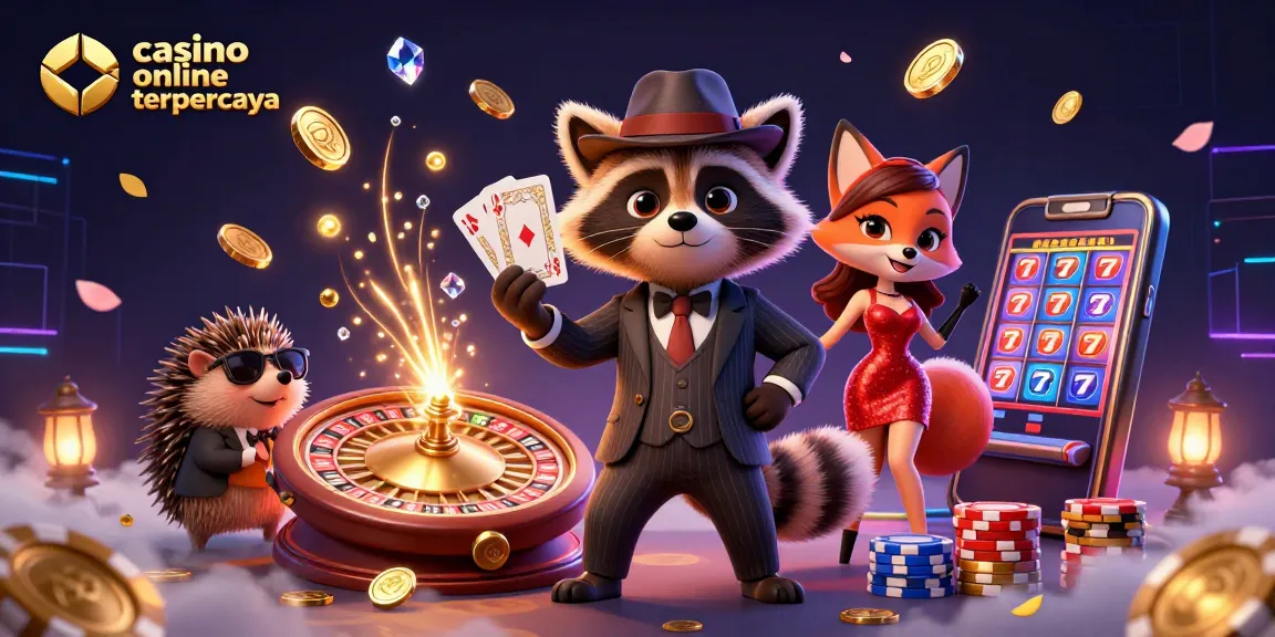 Experience casino online terpercaya with a raccoon and fox celebrating a royal flush amidst casino elements.