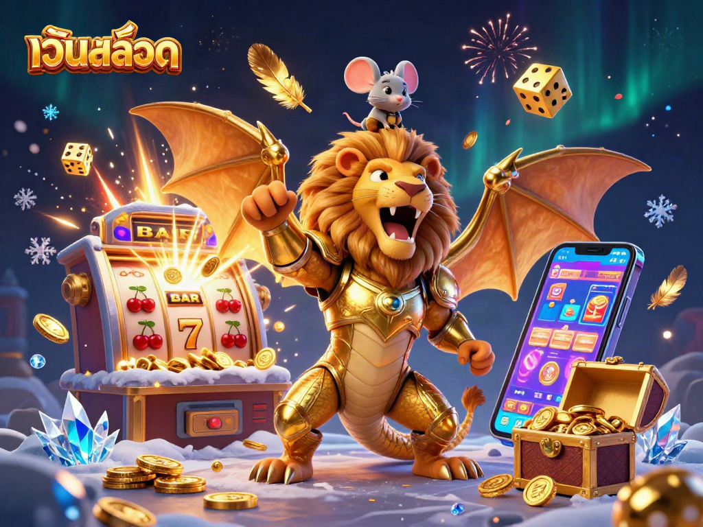 Experience thrilling เว็บสล็อต action with a chimera and dazzling casino symbols exploding in celebration.