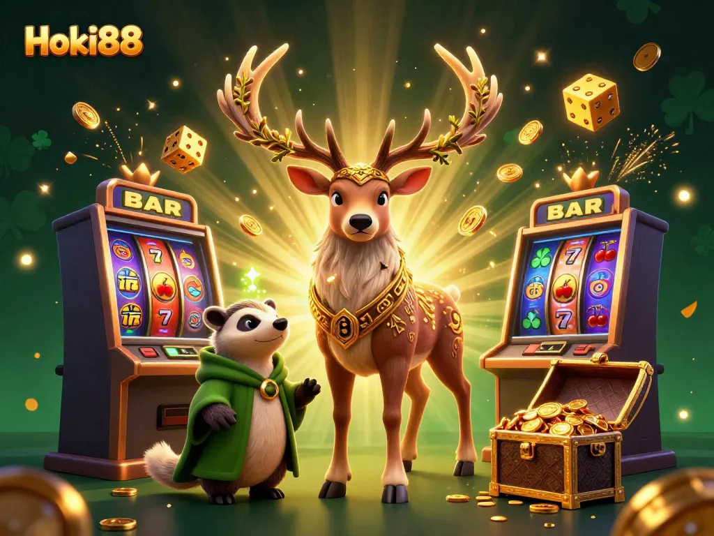 Ilustrasi Hoki88 menampilkan simbol slot dan karakter ramah pemain di dalam kasino
