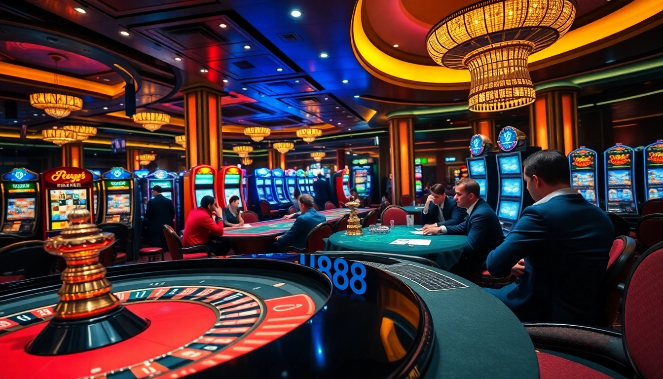 Engaging scene at u 888 casino showcasing players placing bets at roulette and slot machines.