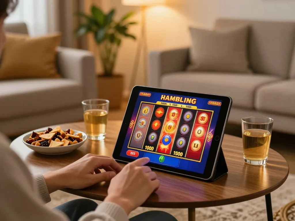 Engaging scene of tg88 online gambling with a player enjoying a slot game on their tablet in a cozy home environment.
