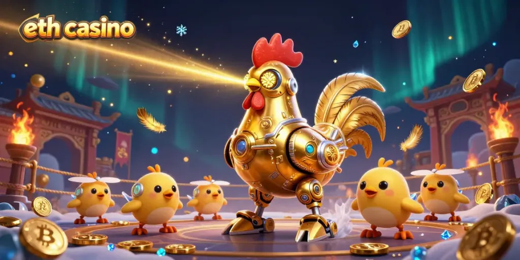Engage with eth casino's vibrant scene featuring a golden rooster robot and baby chick drones.