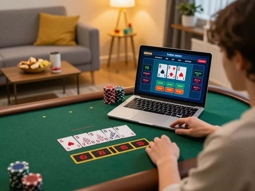 Engaging online blackjack gameplay on 388bet with a person at home using a laptop.