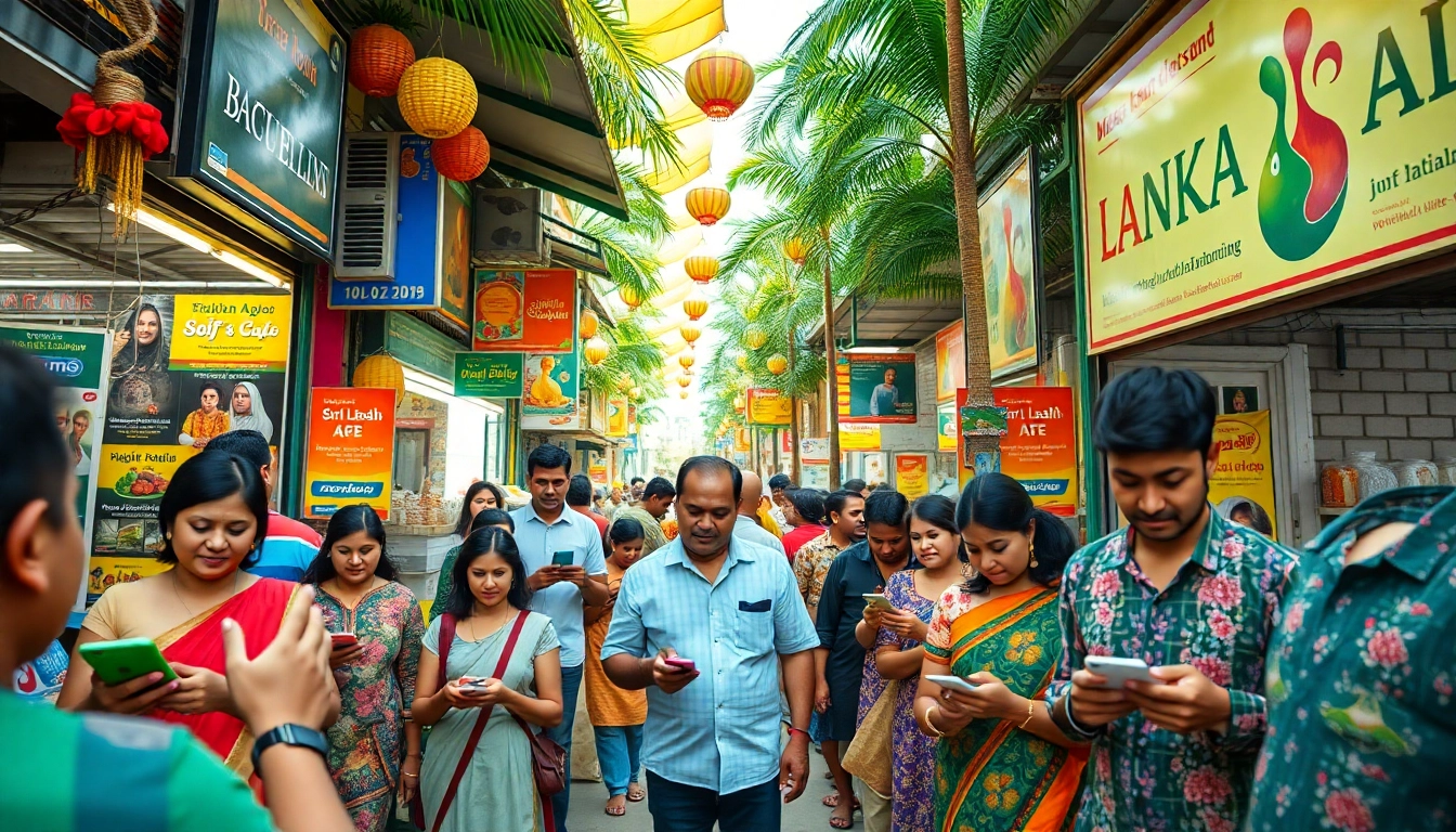 Lanka Ad highlighted in a vibrant Sri Lankan marketplace with diverse people interacting.