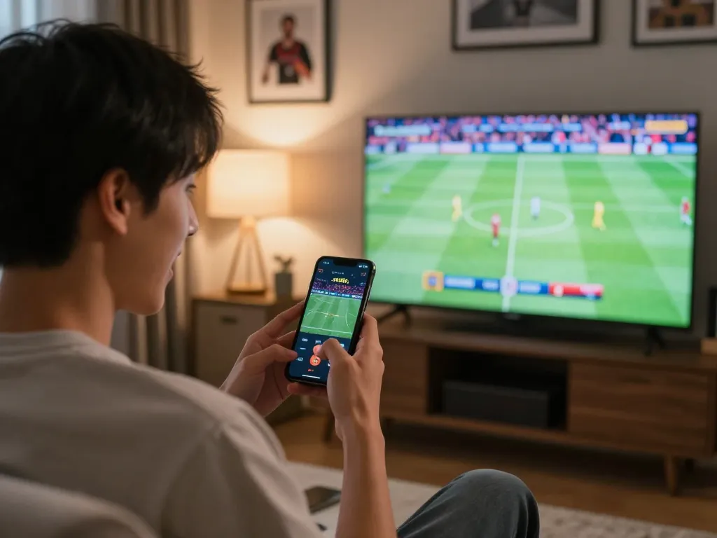 Engaged user exploring cm88 com for sports betting options in a vibrant home setting