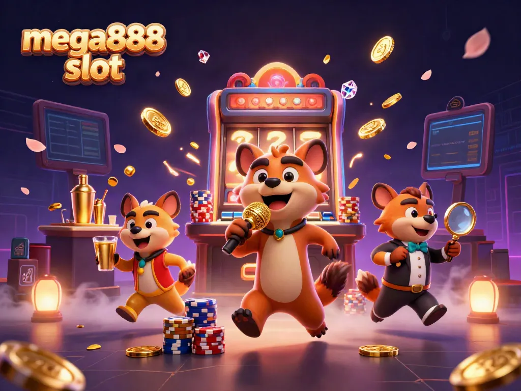 Experience the thrill of mega888 slot with vibrant cartoon hyenas in a dynamic casino scene.