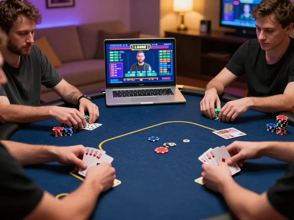 F8BET players strategizing in an online poker game at home with intense focus and engagement