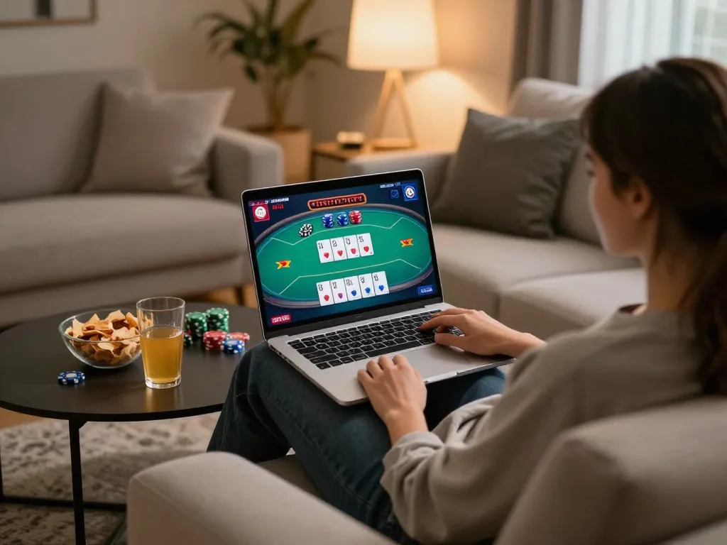Engaging in online casino gaming at home with okfun on a laptop, showing poker play and cozy atmosphere
