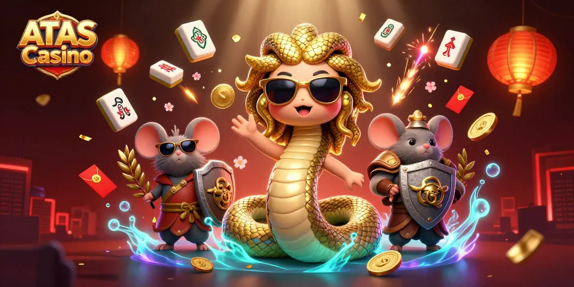 Experience the excitement of ATAS Casino with Medusa and a warrior mouse in a vibrant gaming scene.