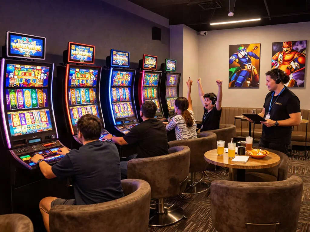 Players enjoying slot maxwin games in a vibrant casino atmosphere.