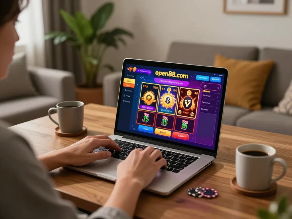 Engaging gamer on open88.com playing online casino games at home, showcasing user-friendly interface