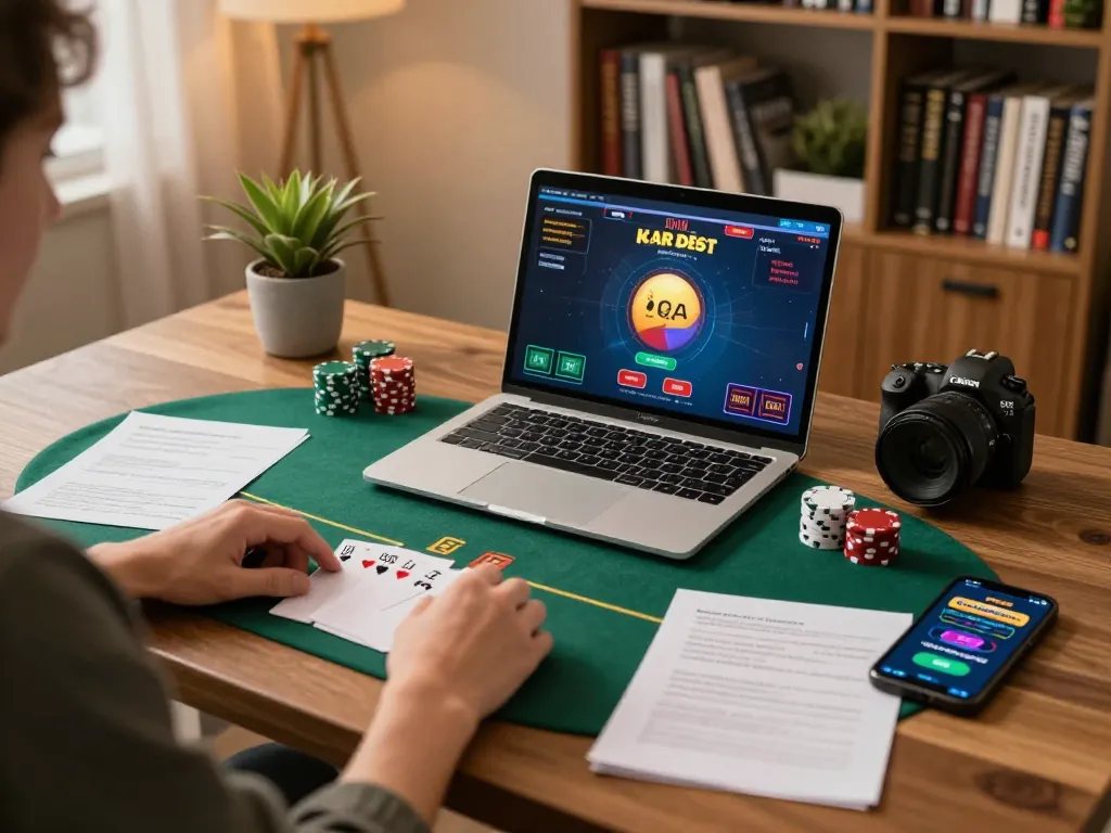 Player enjoying an exciting sg777 poker game on a laptop, surrounded by betting notes and a cozy atmosphere.