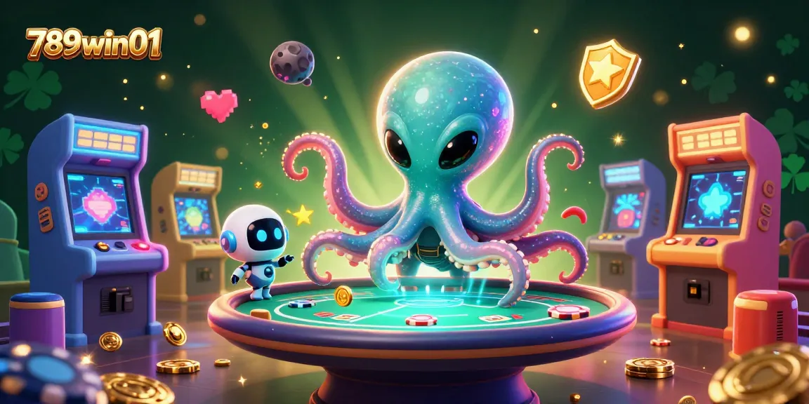 Engage in thrilling gameplay at 789win01 with a vibrant 3D illustration of an alien octopus at a holographic poker table.