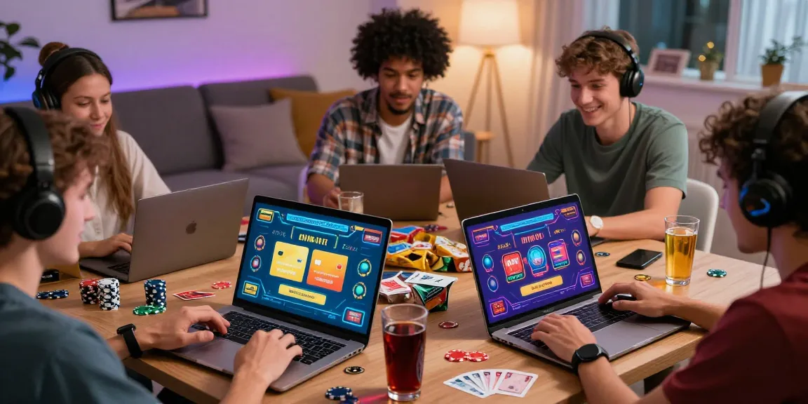 Exciting scene of friends playing at credit card casinos with laptops, drinks, and snacks, showcasing online gaming fun.