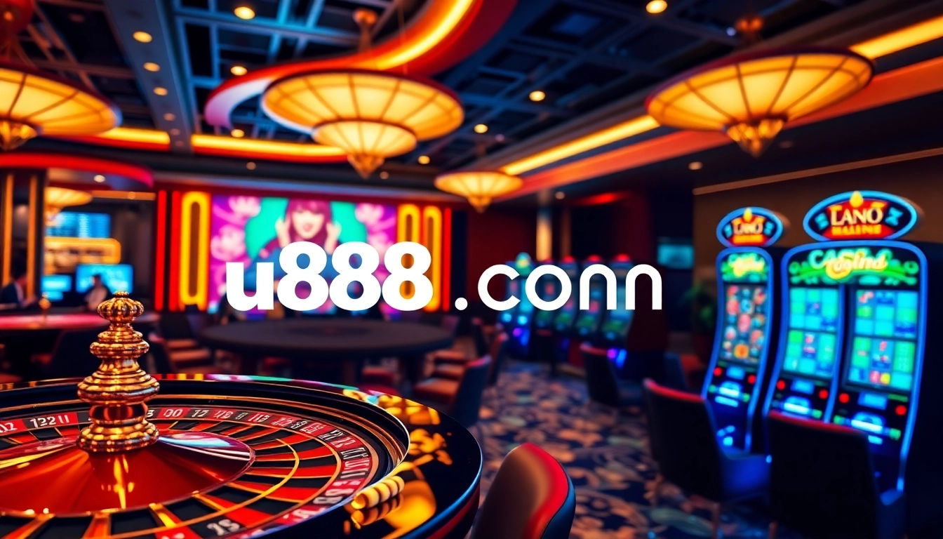 Join a thrilling game experience at the u888 online casino, featuring vibrant casino tables and poker chips.