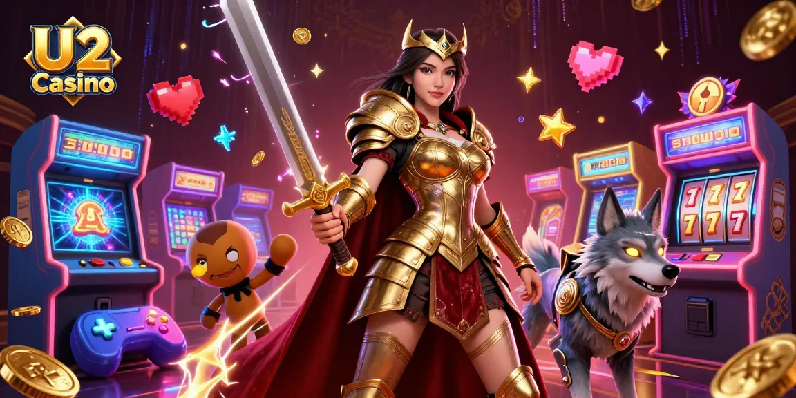 Engage with thrilling slot games at U2 Casino featuring dynamic characters and vibrant casino elements.