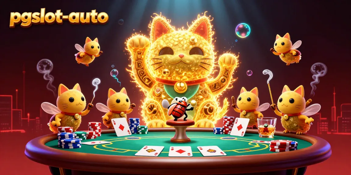 Experience exciting gameplay at pgslot-auto with a vibrant 3D illustration featuring casino symbols.