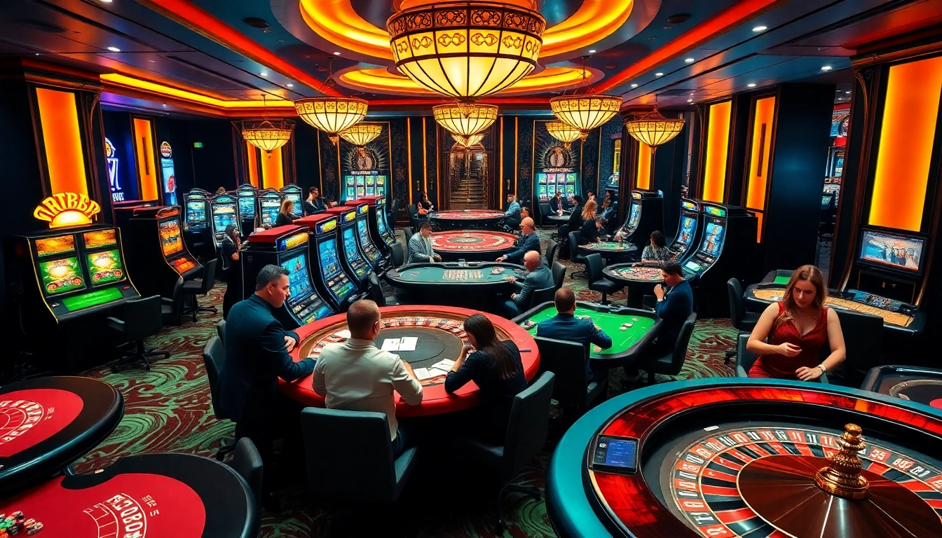 RR88 players engaging with vibrant casino activities, showcasing slot machines and poker chips.