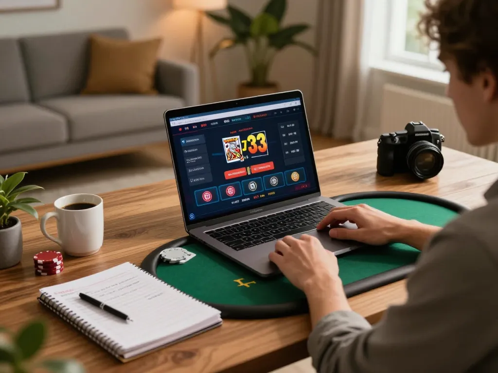 Engaging online gaming moment with a player using king33 on laptop, notebook and coffee nearby.