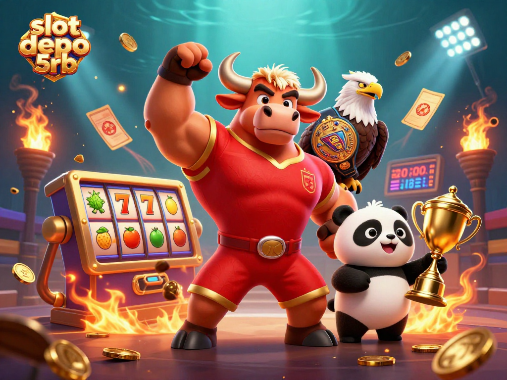 Experience thrilling gameplay with slot depo 5rb featuring a victorious bull mascot, trophy, and dynamic slot elements.