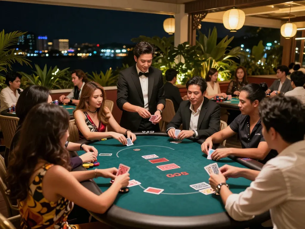 Players celebrating wins at Go8 casino poker tables under vibrant lighting.