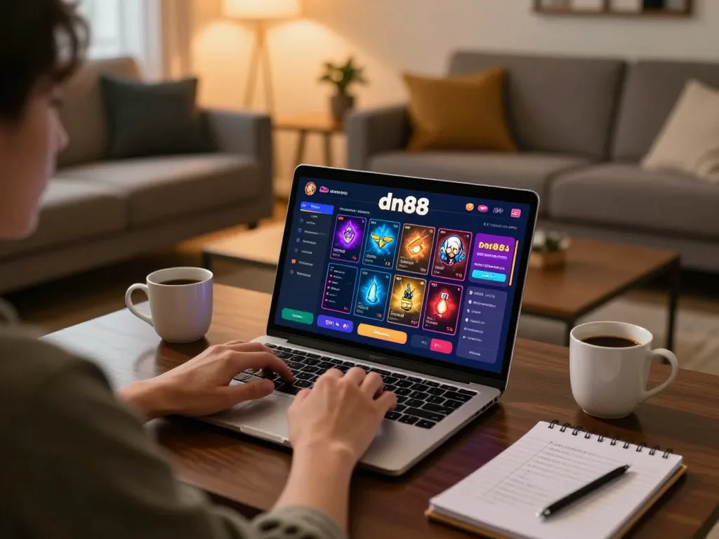 Player engaged in online gambling at dn88 with betting interface visible on laptop in cozy setting.