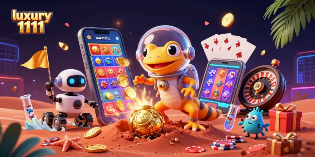 Permainan di luxury 1111 dengan gecko kartun mengenakan helm menemukan kasino emas di Mars.
