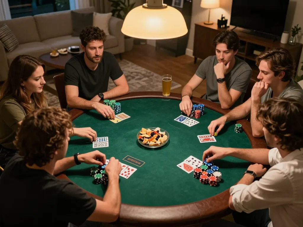 NK88 players enjoying a friendly poker game night with vibrant chips and cards in a cozy setting.
