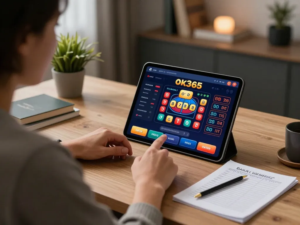 Engaging online gaming session on ok365 with a tablet showing casino interface and strategic notes