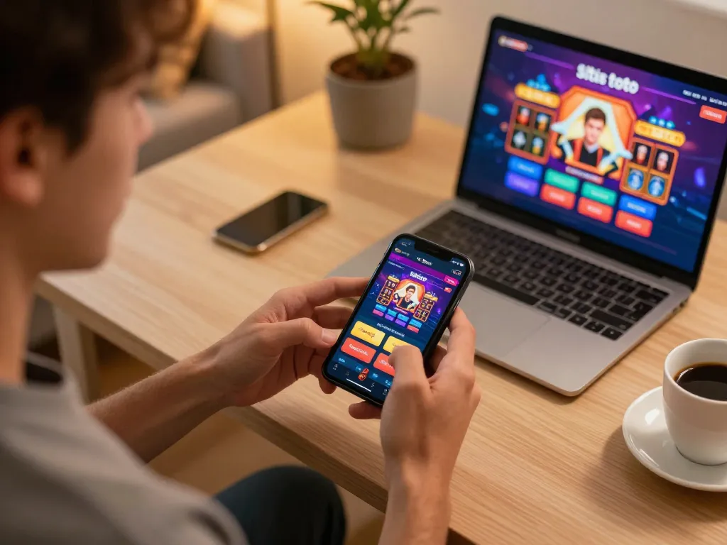 Aksi permainan situs toto mobile menggambarkan seorang pemain yang terlibat dengan aplikasi perjudian di rumah, menunjukkan kegembiraan dan permainan strategis.