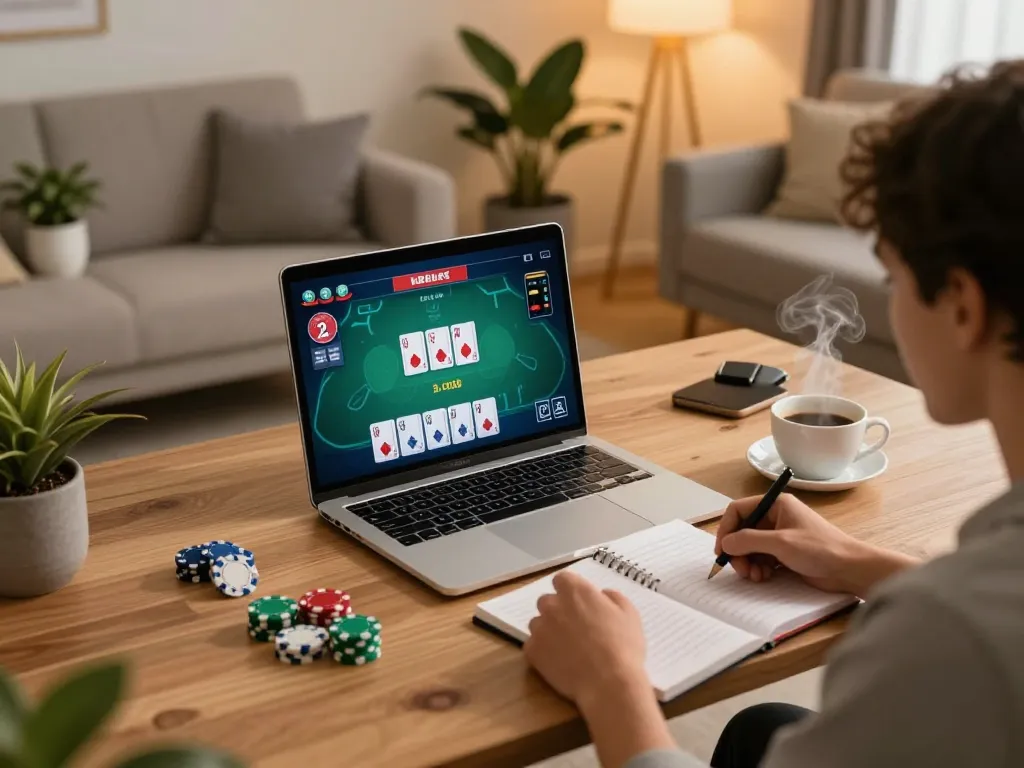 Engaged user playing gg88 poker online with strategy notes and coffee in a cozy home office.