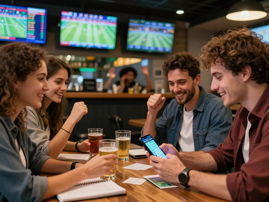Friends engaging in web cá độ bóng đá at a sports bar, checking live betting odds on smartphones.