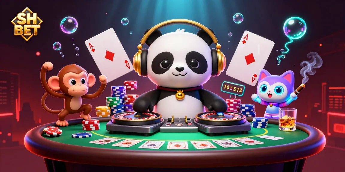 Experience the thrill with SH BET in a vibrant 3D casino party scene featuring playful characters and rich gambling elements.
