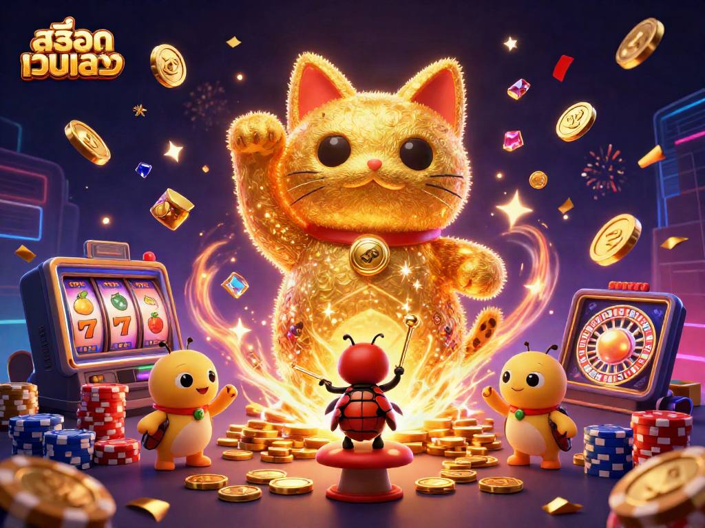 Experience the thrill of สล็อตเว็บตรง with a vibrant 3D lucky cat and casino symbols in action.