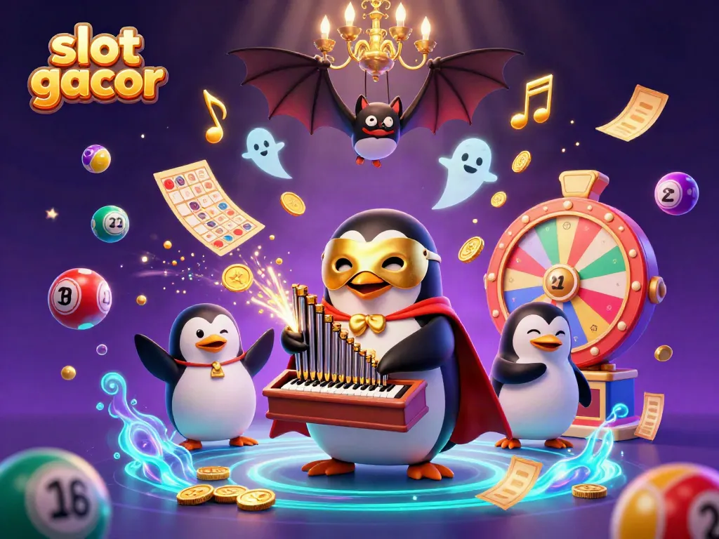 Mainkan slot gacor dengan penguin bertema opera yang beraksi di antara koin emas dan bola lotere berwarna-warni.