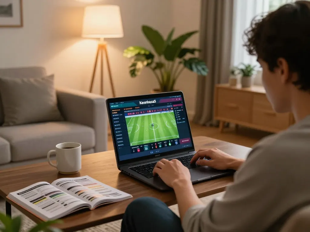 Engaging in online sports betting on Keonhacai5 with cozy setup at home.