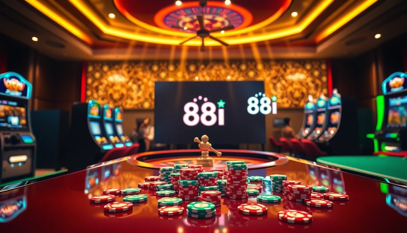 Gambling action at 88I online casino with vibrant tables and slot machines.